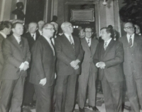 Josef Šnejdar during the reopening of the National Theatre after its refurbishment on 18 November 1983 with President Gustáv Husák and Chairman of the Federal Government Lubomír Štrougal. After Lubomír Štrougal's speech, the audience watched Smetana's opera, Libuše. The opening ceremony was also attended by Gustav Husák, the President of the Czechoslovak Socialist Republic, who received the lead actors and members of the National Theatre company in the Presidential Lounge during the intermission.