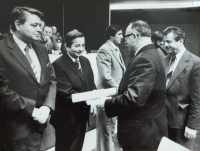 Josef Šnejdar receiving the Order of Labour as the chief engineer of the Průmstav site plant for the Palace of Culture project (Antonín Kapek, Head Secretary of the Prague municipal unit of the Communist Party, is at right)