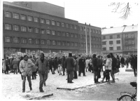 Students building a paper wall in front of the National Committee building in Hradec Králové ,photo by Vladimír Sekal, the final days of 1989 
