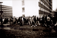 Students leaving the house of residence to join the protest, photo by Miloš Hofman; November 1989 