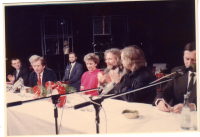 Václav and Olga Havel meeting citizens of Hradec Králové in a theatre; January 1990 
