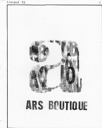 Titulní strana kulturního samizdatu Ars Boutique vydávaného Vladimírem Šilerem, Jiřím Plotzerem a dalšími lidmi v roce 1975