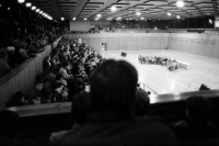 photography from a debate in a sports hall between VPN officials and the city council, 1989