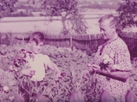 Václav Tuček na zahradě v padesátých letech s babičkou Marií. "S babičkou jsem dělal všechno, když byl táta pryč. Chodili jsme spolu do lesa na dříví," vzpomíná Václav Tuček