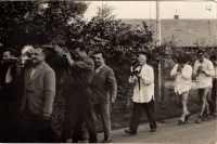 Village fun - mock funeral of a drunk friend - the procession. 1966