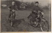 On a motorbike (right). Horní Ředice, 1957