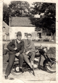 In the army uniform, with a friend and the long desired motorbike, JAWA 250