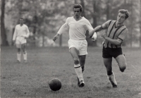 Josef Hrdý (right) in a football match, playing for Chroustovice. 1966