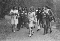 Throwing balls into the Průhonice Pond, Bořín, April 1969