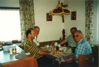 Jan Graubner (left front) with Cardinal Miloslav Vlk (right front), Bishop František Radkovský (left rear) and Bishop Joachim Reinelt of Dresden (right rear), on vacation in South Bohemia (1990s)