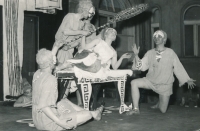 Jarmila Trösterová (in the middle) and theater director Jan Malina (on the right) during a performance by Podágr, year 1963