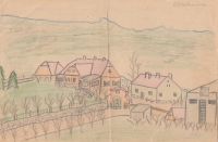 Hydroelectric power plant in Krhanice, a childhood drawing by Jana Krčmářová, around 1950