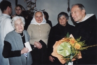 Sisters Kováč and priest Juraj Gabura on the occasion of his 90th birthday, in 2005. From left, priest's sister Želmíra Gaburová; Anna Daňková, as single Kováčová; Mária Mičáňová, as single Kováčová; Juraj Gabura.
