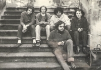 Anna Šimsová and Jan Hrudka with their friends doing voluntary work at a parish house in Bohuslavice nad Metují, around 1982 
