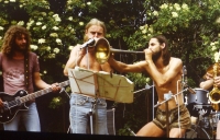 Petr Fejfar (with trumpet) in the 1980s during a concert by the band Pig farm