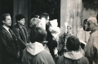 The baptism of Jana Patočková with godparents Václav Havel and Václav Malý, 1987