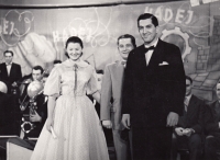Eva Mudrová with Josef Kobr and Přemysl Kočí in Ostrava television show "Hádej, hádej, hadači", 1950s