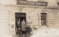 A general store, run by the witness' father; family house of Bedřich Boršek in Bystřice pod Hostýnem; František Boršek (the wintess' father) in the middle