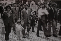 Jaroslava Jesenská (on the left) with her daughter and her husband on the May Day parade in 1977

