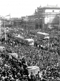 Soviet tanks and armored personnel carriers under siege by the crowds in front of the main railway station in Brno 
