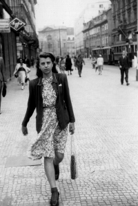 On her way home from work in Celetná street, Prague, 1948