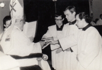 Alois Sassmann (first on right) with František Tomášek, a cardinal (1987)