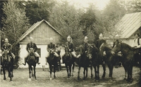 Mrs. Málková's grandfather is one of the soldiers in the centre. Photograph from a theatre performance at the Bradlo chateau near Trhová Kamenice, in the Chrudim region.