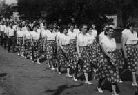 Marie Vašková (third in the first row) in a procession with gymnasts, Hrabyně, around 1962
