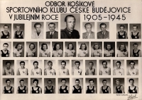 Václav Šulista as a fifteen-year-old basketball player (the 2nd row from the bottom, second from the right), staff captain Beneda in the top middle (1950)