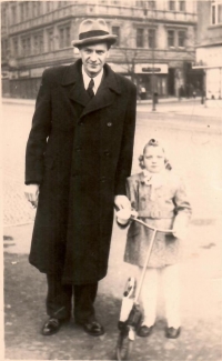 With her father, Prague, Jiřího z Poděbrad Square, 1948 
