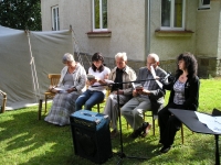 Eliška on the left, with the elders of the Strmilov Protestant Church chapter, in a parish office garden, Night of the Churches, Strmilov, 2014 