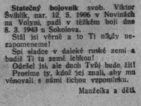 Newspaper clipping announcing the death in battle of Viktor Švihlík.