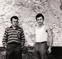 Otokar Simm (on left) in 1968 in front of the Jizera mountains map 