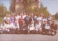 Teachers of the primary school in Mariánské Lázně in the school year 1991/1992. Jitka Bubeníková standing eighth from the left. Marianske Lazne, 1992.
