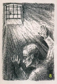 Kresba od J. Kopečka st. (zřejmě autoportrét v některém z nacistických vězení)