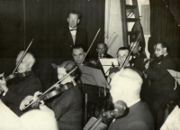 Václav Kouklík playing violoncello at the Polna philharmonic, beginning of 1960s