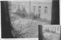 A copy of a photo of the arrested students in the yard of the Chotěboř court. Michaela Dostálová Frühbauerová´s private archive