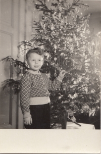 As a child near a Christmas tree