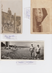 Archív pamätníka - fotografie jeho otca počas gymnastiky, fotografia ich domu v Lubeníku a fotografie pamätníka s bratom.