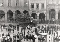 Heavy military armored vehicles pass through the Liberec Fighters for Peace Square (now Edvard Beneš), August 21, 1968