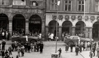 Soviet armored personnel carriers pass through Liberec's Fighters for Peace Square (now Edvard Beneš Square), August 21, 1968