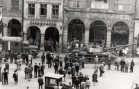 A Soviet tank passes through Liberec's Warriors for Peace Square (now Edvard Beneš Square), August 21, 1968