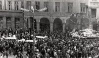 A tragic moment of occupation in Liberec. A Soviet tank hits the arcades and people on the Liberec Warriors for Peace Square (now Edvard Beneš Square), August 21, 1968