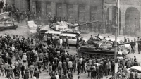 A tragic moment of occupation in Liberec. A Soviet tank hits the arcades and people on the Liberec Warriors for Peace Square (now Edvard Beneš Square), August 21, 1968