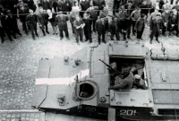 An armored personnel carrier passes through the Liberec city center during the August occupation in 1968