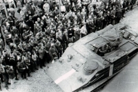 An armored personnel carrier passes through the Liberec city center during the August occupation in 1968