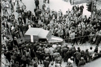 The occupiers' vehicle passes through the crowd in the center of Liberec on August 21, 1968
