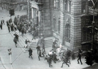 People flee from the shooting of the Soviet occupiers at the Liberec City Hall, August 21, 1968