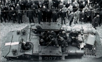 An armored vehicle of the occupiers passes through the center of Liberec, August 21, 1968
