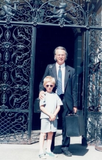 With his grandson in front of Liberec City Hall, 1990s
